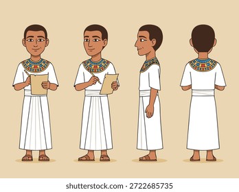 Um jovem escriba egípcio mostrado de vários ângulos, segurando um rolo de papiro e caneta, vestindo trajes tradicionais.