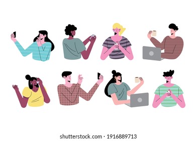 joven ocho personas con caracteres de tecnología diseño de ilustraciones vectoriales