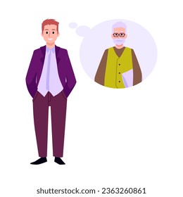 Personajes de dibujos animados de hombres jóvenes y ancianos. Ilustración plana vectorial del proceso de envejecimiento. Los hombres crecen y envejecen. Adulto sonriente y anciano canoso. Hijo, padre y abuelo.