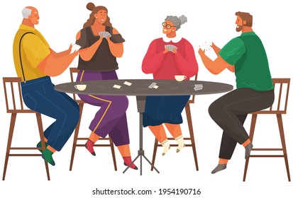 Young and elderly people with board game spend time in living room. Family plays cards at home
