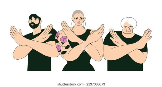 Young and elderly people gesturing Break The Bias in support of International Women's Day. Male and female characters crosses her arms isolated. Flat Art Vector Illustration