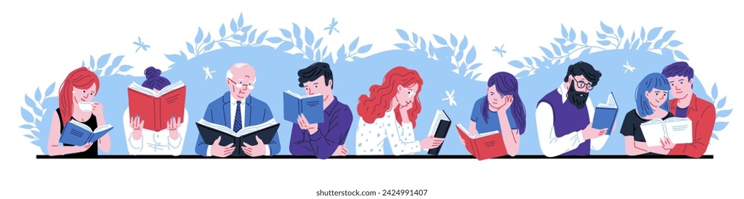 Young and elderly people reading a book with enjoy and great interest. Cartoon booklover characters vector illustration on blue floral background. Education, hobby leisure, self development