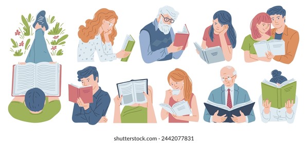 Young and elderly people reading a book with enjoy and great interest. Cartoon booklover characters vector illustration set. Education, hobby leisure, self development concept isolated on white