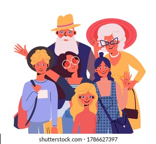 Young and elderly smiling people waving at the camera. Multicultural team flat vector illustration.