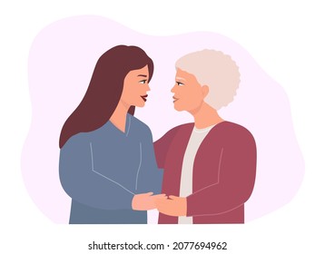 Young and elderly women of different generations in profile hug and look lovingly at each other. Mother, grandmother and daughter together. Vector graphics.