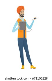 Young electrician in headscarf measuring the voltage output. Electrician holding equipment for measuring of voltage and current. Vector flat design illustration isolated on white background.