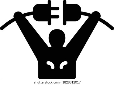 Young electrician holds electricity cables in hands and connecting them vector Glyph icon design, Man and power plugs on white background, Electrical engineering Symbol on White background