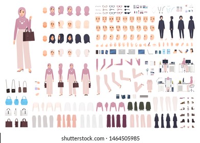 Young elegant Arab woman in hijab DIY set or constructor kit. Bundle of body parts, postures, stylish muslim clothes. Female cartoon character. Front, side, back views. Flat vector illustration.