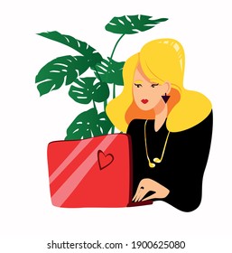 Young elegant blonde works at a red glamorous laptop on the background of thickets of monstera. Vector flat illustration.