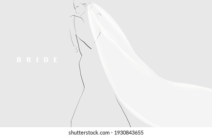 Young elegant bride in wedding dress and veil. Fashion illustration in sketch style. Vector