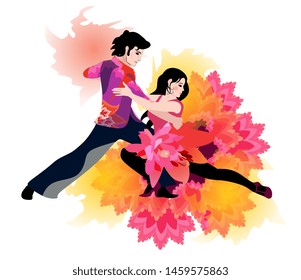 Young elegant couple dancing tango. Watercolor style. Beautiful poster.
