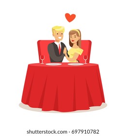 Young elegant couple sitting at table in a cafe holding hands colorful characters vector Illustration