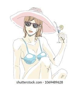 Young elegant girl in bikini, hat and sunglasses sits on sand beach, relax, and drinks cocktail. Vector hand drawing vector in pastel palette color. Isolated white background.