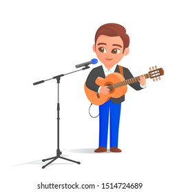 Young elegant male musician is standing with an acoustic guitar and microphone. Sings a song. Vector isolated cartoon illustration.