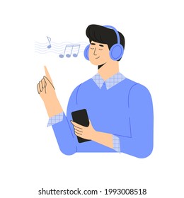 A young elegant man listening to calm music with headphones through an app in his smartphone. Vector illustration in a flat style on a white background