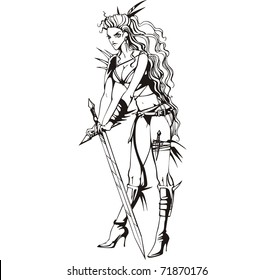 Young elegant mythic Amazon lady with sword. Vector EPS Illustration, black and white sketch of an Amazon woman in tattoo style.