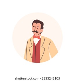 Young elegant nineteenth century gentleman with moustaches, flat vector illustration isolated on white background. Historic male character portrait of Victorian era.