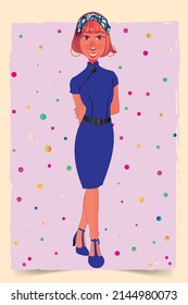 Young elegant petite woman in a short blue dress and blue heels is standing. Spring fashion, feminine figure, slim body, elegant appearance. Cartoon people vector art. colorful and cheerful background