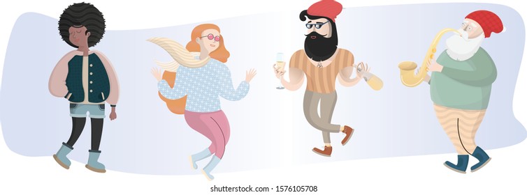 A young, elegant, self-confident guy with a beard and glasses, a hipster, in a wine bar. A lover of wine and dumplings. Vector graphics, flat illustration.