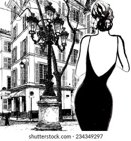 Young Elegant Woman In A Black Dress In Paris - Vector Illustration