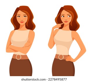 young elegant woman with brown hair, thinking or standing with her arms crossed. Cartoon character. Isolated on white. Vector eps file.