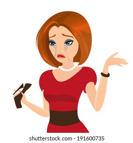Young elegant woman is crying because of a broken heel. 
