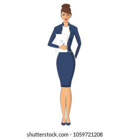 Young elegant woman is drawn by hand, sketch. Beautiful businesswoman in a suit with a folder in her hand. Vector illustration.