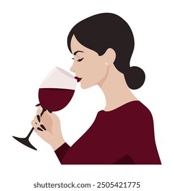 Mujer elegante joven que sostiene el vaso de vino tinto. Ilustración vectorial de estilo retro aislada sobre fondo blanco.