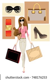 Young elegant woman with shopping bags, walking, on a background with different fashion accessories