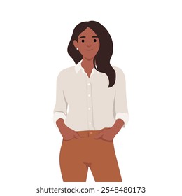 Mujer elegante joven de pie con las manos dentro del bolsillo. Profesiones Populares. Ilustración vectorial plana aislada sobre fondo blanco