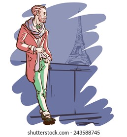 Young elegantly dressed man standing with the Eiffel Tower in the background. EPS8 vector illustration.