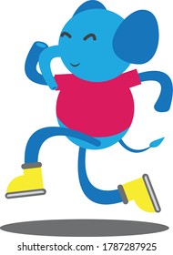 
a young elephant in blue and wearing a shirt with a radiant face while running