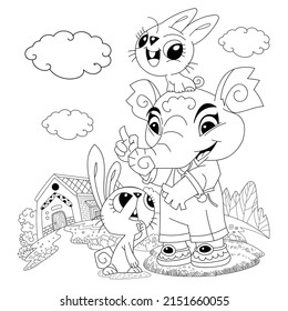 Young elephant and two cute rabbits are playing in the front of the house vector doodle illustration for background,greeting card,preschool coloring pages,animals cartoon coloring pages,pattern.