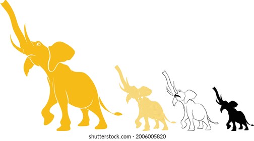 Young elephant walking illustration, Vector line art of a wild animal, Silhouette for making logo design