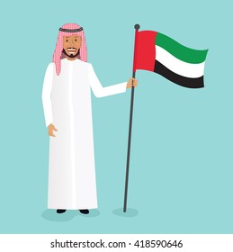 Young emirati man holding UAE national flag. Independence day, National day concept. Vector flat illustration