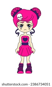 Young emo girl anime character. Y2k style. Black and pink. Vector flat illustration isolated on white background.