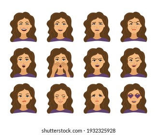 Young emotional girls set. Flat illustration. Emotions.