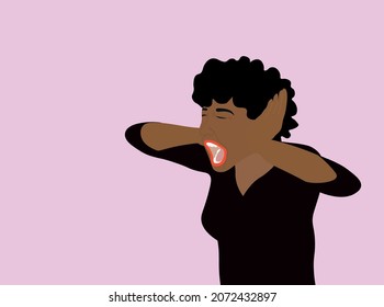 Young emotional very angry and distressed woman screaming. Screaming black woman covering her ears. Both hands of African Ethnicity girl covering ears to protect