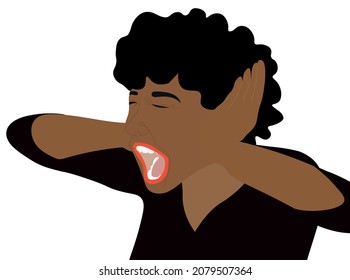 Young emotional very angry and distressed woman screaming. Screaming black woman covering her ears. Both hands of African Ethnicity girl covering ears to protect