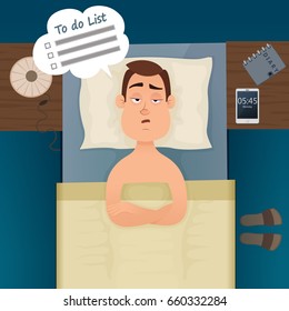 Young employee man with sleep problems and insomnia symptoms. Sleepless man all night thinking about work and what he must to do. Vector design illustration.