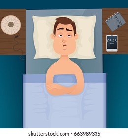 Young employee man with sleep problems and insomnia symptoms. Sleepless man all night thinking about work. Vector design illustration.