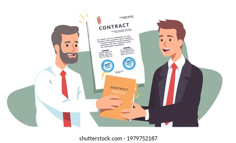 Young employee receiving job employment contract from senior executive manager hands. Happy worker reach agreement. Signed paper delivery. Successful business person concept flat vector illustration