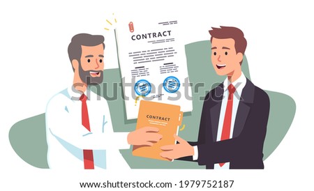 Young employee receiving job employment contract from senior executive manager hands. Happy worker reach agreement. Signed paper delivery. Successful business person concept flat vector illustration