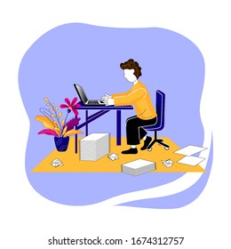 Young employee sitting in front of laptop at home on quarantine or vacation. Work at home online, distant work via Internet. Trendy flat vector illustration