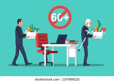 Young employee takes the place of a pensioner. Elderly fired. Dismissed elderly. Fire old man. Dismissal of a pensioner. Age discrimination. Retirement. Job loss due to age. Vector flat design. 