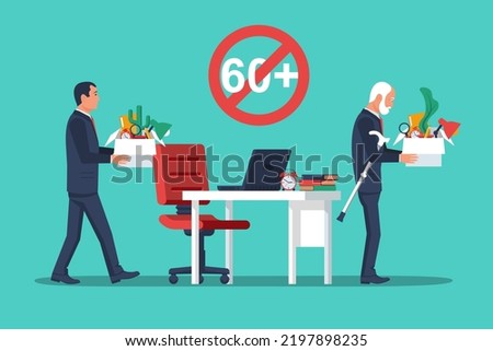 Young employee takes the place of a pensioner. Elderly fired. Dismissed elderly. Fire old man. Dismissal of a pensioner. Age discrimination. Retirement. Job loss due to age. Vector flat design. 