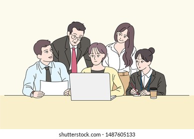 A young employee is using a laptop and senior employees are working with her. hand drawn style vector design illustrations. 
