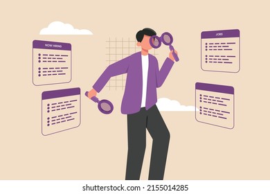 Young employee using magnifying glass in both hands searching for new hiring career. Job searching and seeking concept. Vector illustration. 