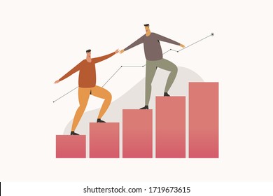 young employees giving support and help other flat vector illustration. Business team working together for success and growing. Corporate relations and cooperation concept