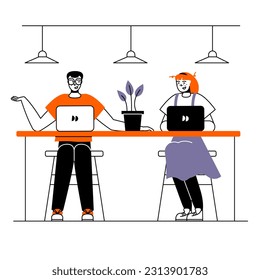 Jóvenes empleados sentados en la mesa, trabajando en laptops en espacio de coworking y hablando. Empleados creativos haciendo trabajo en línea. Ilustración vectorial plana en colores morado y anaranjado